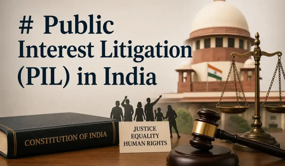 Public Interest Litigation (PIL) in India text with the Supreme Court building, Constitution of India book, scales of justice, and a judicial gavel.