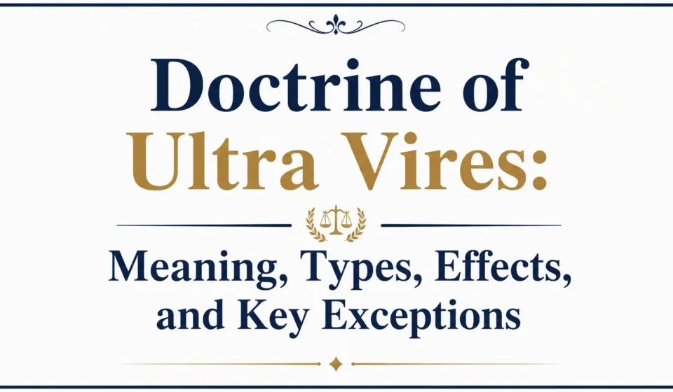 Doctrine of Ultra Vires Meaning, Types, Effects, and Key Exceptions title banner with legal scales icon