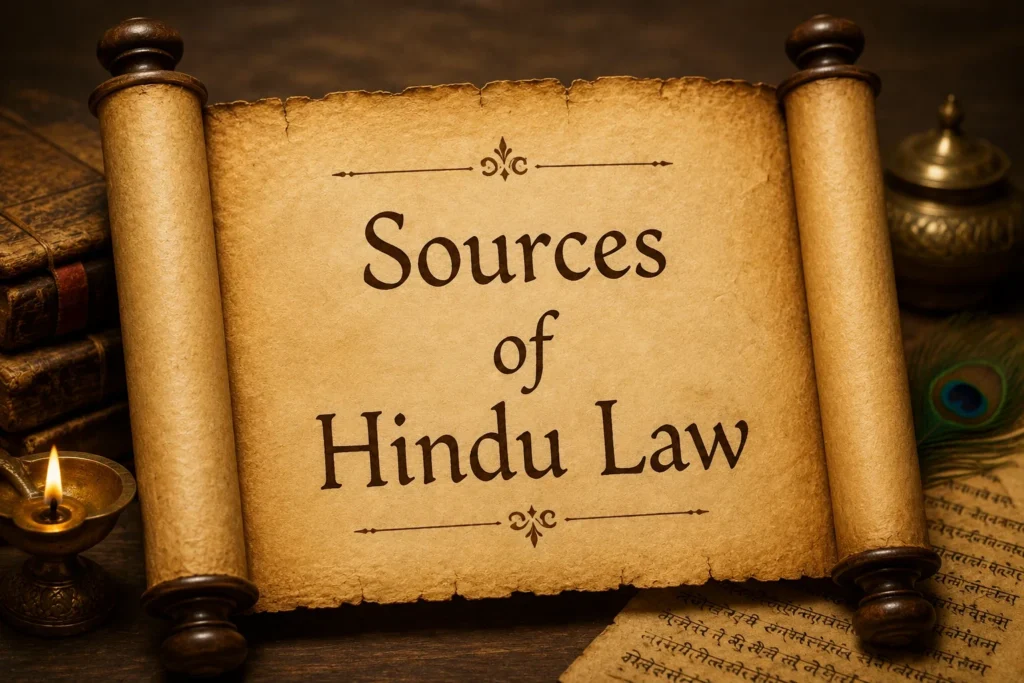 Sources of Hindu Law ancient scroll banner with legal text and traditional oil lamp graphic