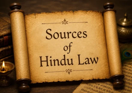 Sources of Hindu Law ancient scroll banner with legal text and traditional oil lamp graphic