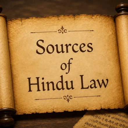 Sources of Hindu Law ancient scroll banner with legal text and traditional oil lamp graphic