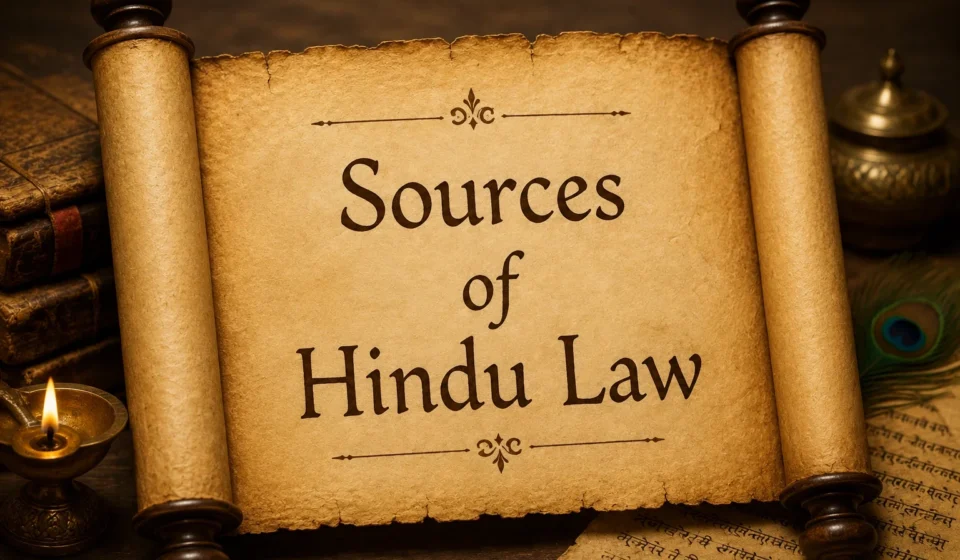 Sources of Hindu Law ancient scroll banner with legal text and traditional oil lamp graphic