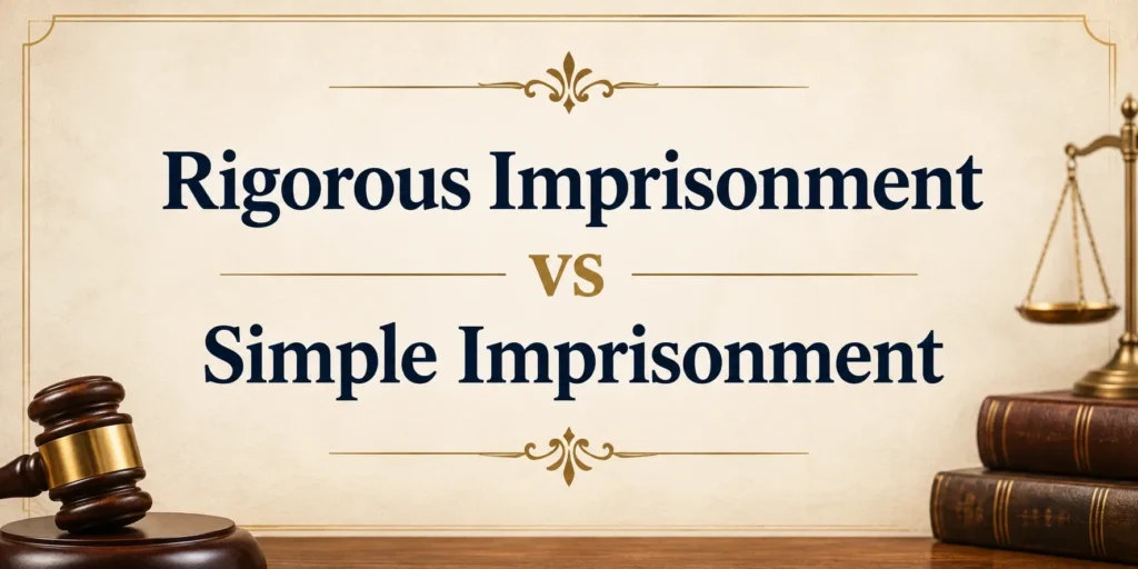 Rigorous Imprisonment vs Simple Imprisonment comparison banner featuring a judge gavel and legal scales