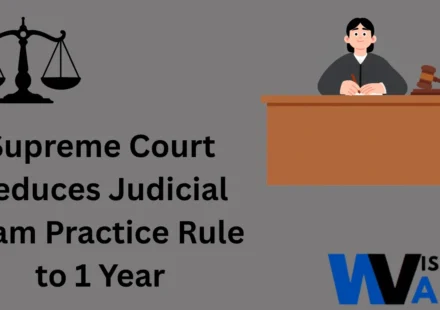 Supreme Court Reduces Judicial Exam Practice Rule to 1 Year news banner featuring a judge and scales of justice
