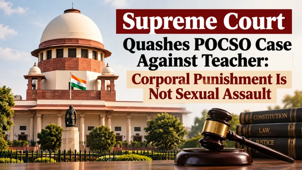 Supreme Court of India building with text overlay stating "Supreme Court Quashes POCSO Case Against Teacher: Corporal Punishment Is Not Sexual Assault