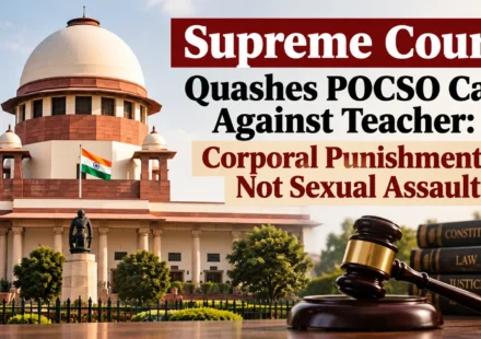 Supreme Court of India building with text overlay stating "Supreme Court Quashes POCSO Case Against Teacher: Corporal Punishment Is Not Sexual Assault