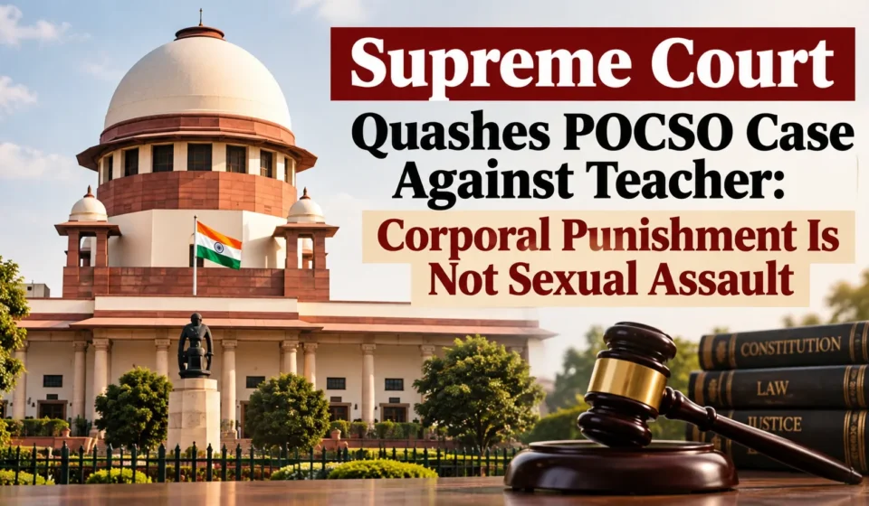 Supreme Court of India building with text overlay stating "Supreme Court Quashes POCSO Case Against Teacher: Corporal Punishment Is Not Sexual Assault