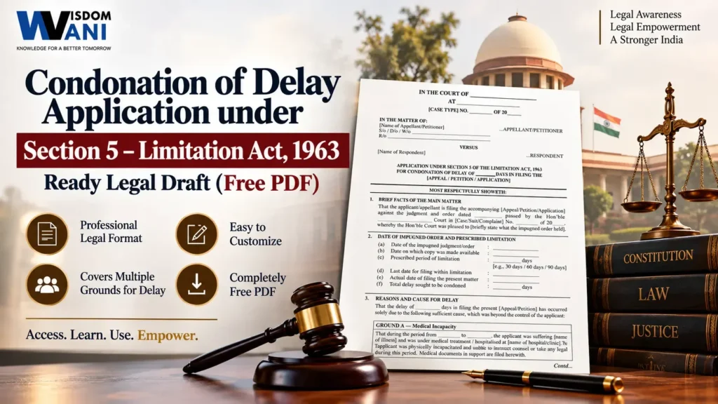 Preview of a Condonation of Delay Application under Section 5 of the Limitation Act, 1963, featuring a legal draft template, a gavel, law books, and the Supreme Court of India in the background.