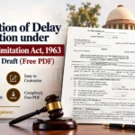 Preview of a Condonation of Delay Application under Section 5 of the Limitation Act, 1963, featuring a legal draft template, a gavel, law books, and the Supreme Court of India in the background.