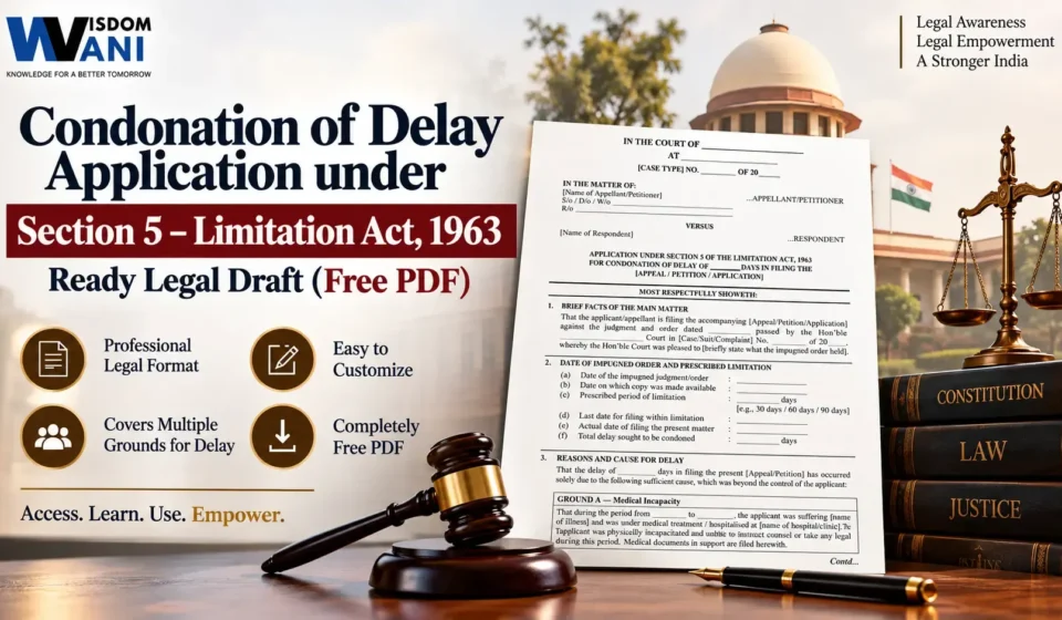 Preview of a Condonation of Delay Application under Section 5 of the Limitation Act, 1963, featuring a legal draft template, a gavel, law books, and the Supreme Court of India in the background.