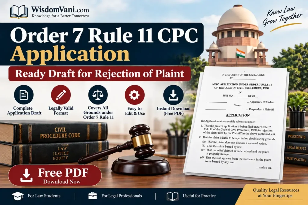 An informational graphic for WisdomVani.com featuring the text "Order 7 Rule 11 CPC Application: Ready Draft for Rejection of Plaint," accompanied by legal books, a judge's gavel, a sample application document, and the Supreme Court of India in the background.
