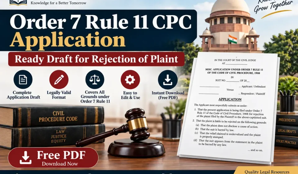 An informational graphic for WisdomVani.com featuring the text "Order 7 Rule 11 CPC Application: Ready Draft for Rejection of Plaint," accompanied by legal books, a judge's gavel, a sample application document, and the Supreme Court of India in the background.