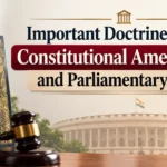 A book titled "Constitution of India" and a wooden judge's gavel placed on a wooden table, with the Indian Parliament building visible in the background and a header reading "Important Doctrines About Constitutional Amendments and Parliamentary Power".