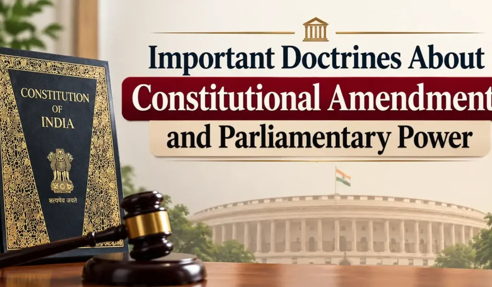 A book titled "Constitution of India" and a wooden judge's gavel placed on a wooden table, with the Indian Parliament building visible in the background and a header reading "Important Doctrines About Constitutional Amendments and Parliamentary Power".