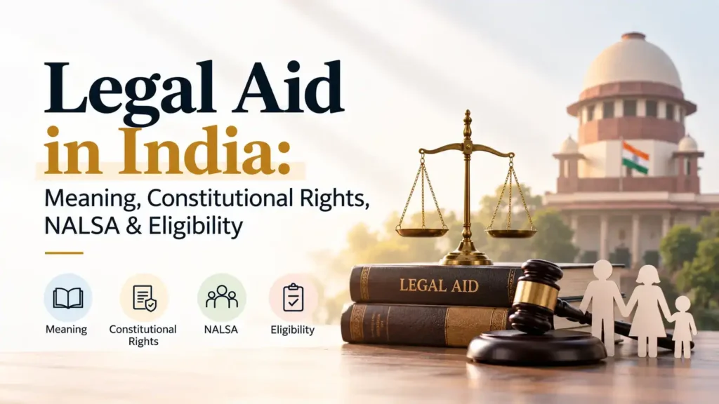 An infographic featuring the title "Legal Aid in India" with scales of justice, law books, a gavel, and icons for meaning, constitutional rights, NALSA, and eligibility.