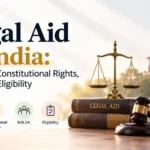 An infographic featuring the title "Legal Aid in India" with scales of justice, law books, a gavel, and icons for meaning, constitutional rights, NALSA, and eligibility.