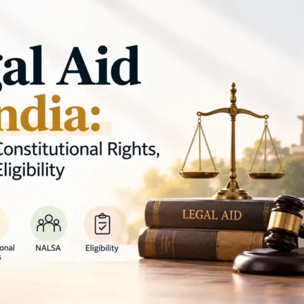 An infographic featuring the title "Legal Aid in India" with scales of justice, law books, a gavel, and icons for meaning, constitutional rights, NALSA, and eligibility.