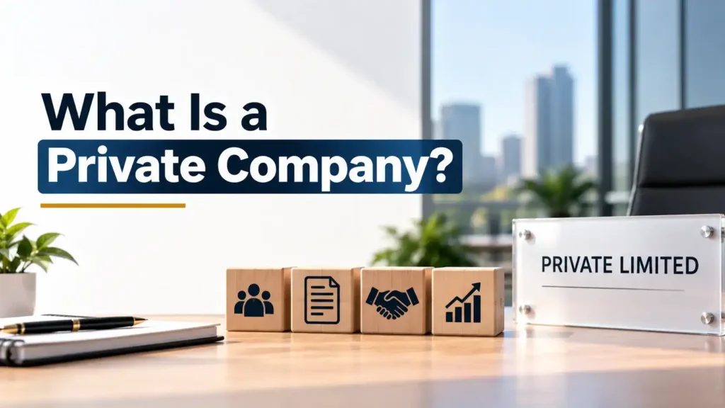 An office desk displaying a sign that reads "Private Limited" alongside wooden blocks with icons and text asking "What Is a Private Company?