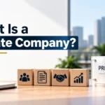 An office desk displaying a sign that reads "Private Limited" alongside wooden blocks with icons and text asking "What Is a Private Company?
