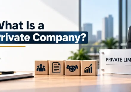 An office desk displaying a sign that reads "Private Limited" alongside wooden blocks with icons and text asking "What Is a Private Company?