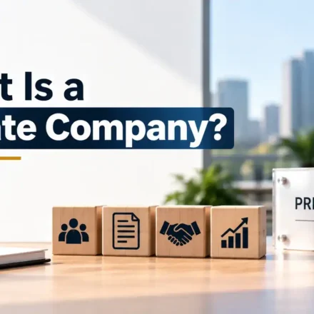 An office desk displaying a sign that reads "Private Limited" alongside wooden blocks with icons and text asking "What Is a Private Company?