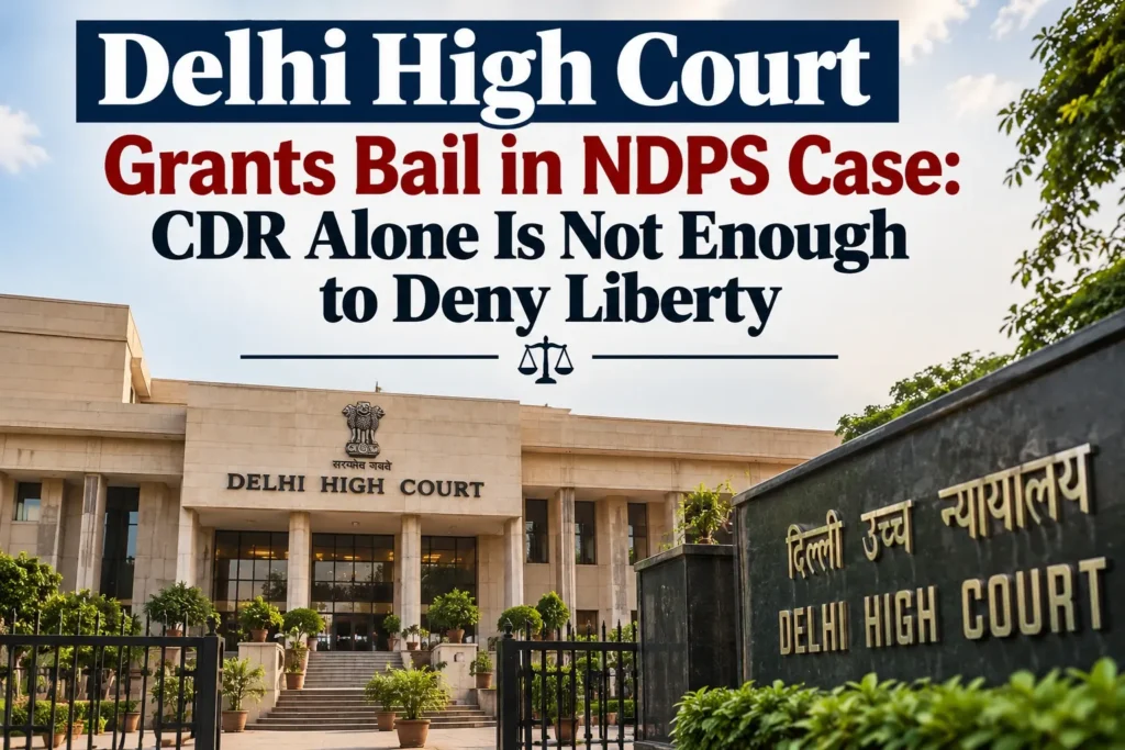 Delhi High Court building with the text overlay stating "Delhi High Court Grants Bail in NDPS Case: CDR Alone Is Not Enough to Deny Liberty"