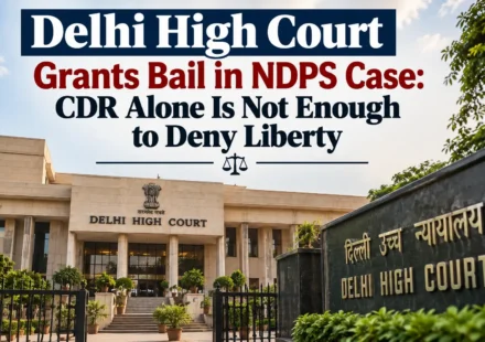 Delhi High Court building with the text overlay stating "Delhi High Court Grants Bail in NDPS Case: CDR Alone Is Not Enough to Deny Liberty"