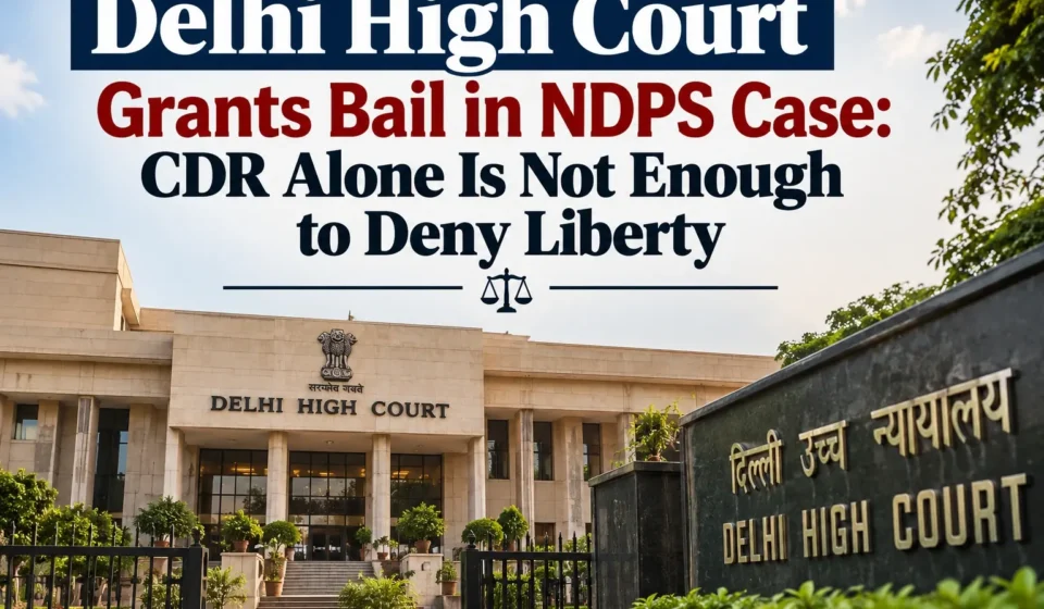Delhi High Court building with the text overlay stating "Delhi High Court Grants Bail in NDPS Case: CDR Alone Is Not Enough to Deny Liberty"