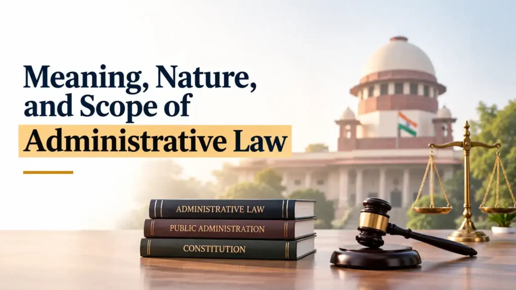 An image featuring stacked law books labeled "Administrative Law," "Public Administration," and "Constitution," alongside a gavel and scales of justice, with the Supreme Court building in the background and the text "Meaning, Nature, and Scope of Administrative Law