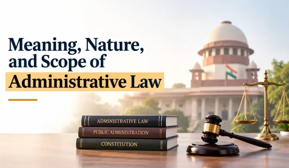 An image featuring stacked law books labeled "Administrative Law," "Public Administration," and "Constitution," alongside a gavel and scales of justice, with the Supreme Court building in the background and the text "Meaning, Nature, and Scope of Administrative Law