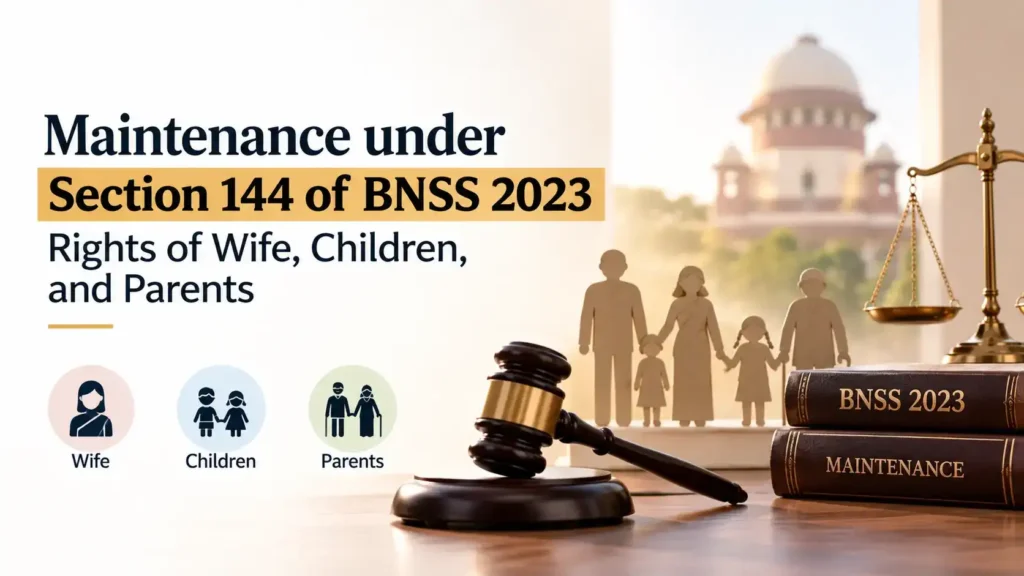 An infographic displaying stacked law books labeled "BNSS 2023" and "MAINTENANCE" alongside a wooden gavel, paper-cut family figures, and icons for wife, children, and parents.