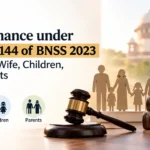 An infographic displaying stacked law books labeled "BNSS 2023" and "MAINTENANCE" alongside a wooden gavel, paper-cut family figures, and icons for wife, children, and parents.