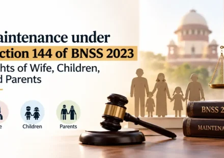 An infographic displaying stacked law books labeled "BNSS 2023" and "MAINTENANCE" alongside a wooden gavel, paper-cut family figures, and icons for wife, children, and parents.