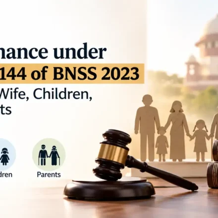 An infographic displaying stacked law books labeled "BNSS 2023" and "MAINTENANCE" alongside a wooden gavel, paper-cut family figures, and icons for wife, children, and parents.