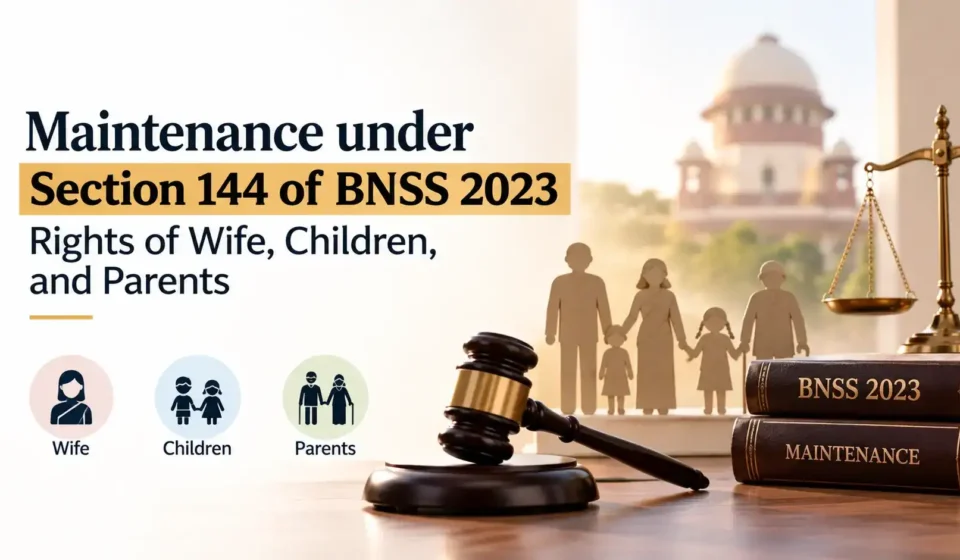 An infographic displaying stacked law books labeled "BNSS 2023" and "MAINTENANCE" alongside a wooden gavel, paper-cut family figures, and icons for wife, children, and parents.