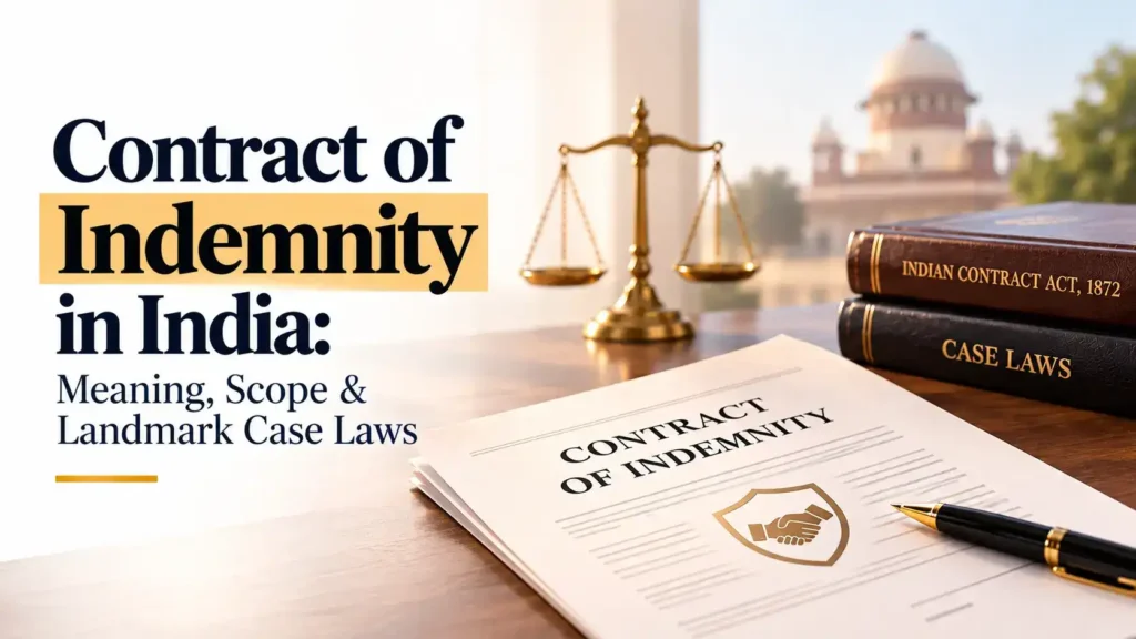 Contract of indemnity under Indian Contract Act with legal books, scales of justice, and Supreme Court building in the background.