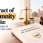 Contract of indemnity under Indian Contract Act with legal books, scales of justice, and Supreme Court building in the background.