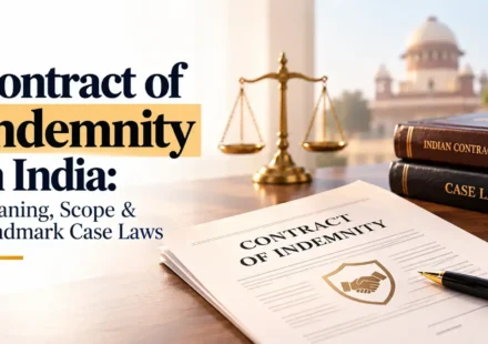 Contract of indemnity under Indian Contract Act with legal books, scales of justice, and Supreme Court building in the background.