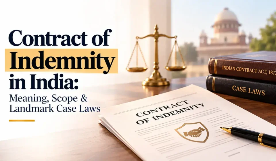 Contract of indemnity under Indian Contract Act with legal books, scales of justice, and Supreme Court building in the background.