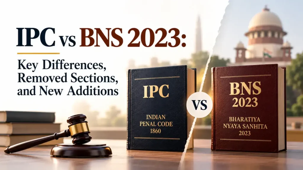 An informational graphic comparing the IPC 1860 and BNS 2023 law books, featuring a wooden gavel, a "VS" circle, and the text "IPC vs BNS 2023: Key Differences, Removed Sections, and New Additions
