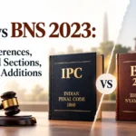 An informational graphic comparing the IPC 1860 and BNS 2023 law books, featuring a wooden gavel, a "VS" circle, and the text "IPC vs BNS 2023: Key Differences, Removed Sections, and New Additions