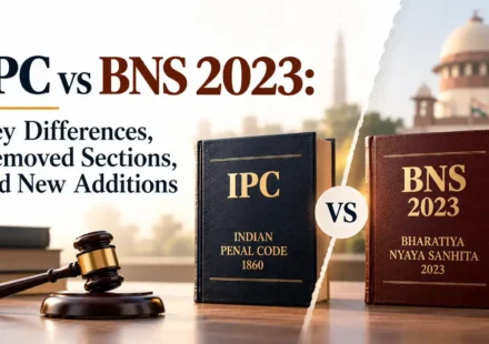 An informational graphic comparing the IPC 1860 and BNS 2023 law books, featuring a wooden gavel, a "VS" circle, and the text "IPC vs BNS 2023: Key Differences, Removed Sections, and New Additions