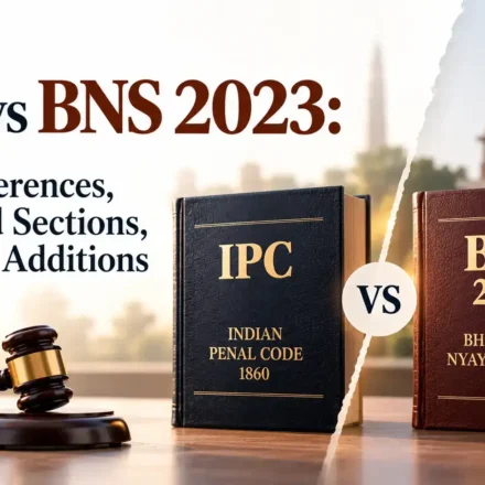 An informational graphic comparing the IPC 1860 and BNS 2023 law books, featuring a wooden gavel, a "VS" circle, and the text "IPC vs BNS 2023: Key Differences, Removed Sections, and New Additions