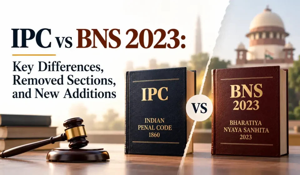 An informational graphic comparing the IPC 1860 and BNS 2023 law books, featuring a wooden gavel, a "VS" circle, and the text "IPC vs BNS 2023: Key Differences, Removed Sections, and New Additions