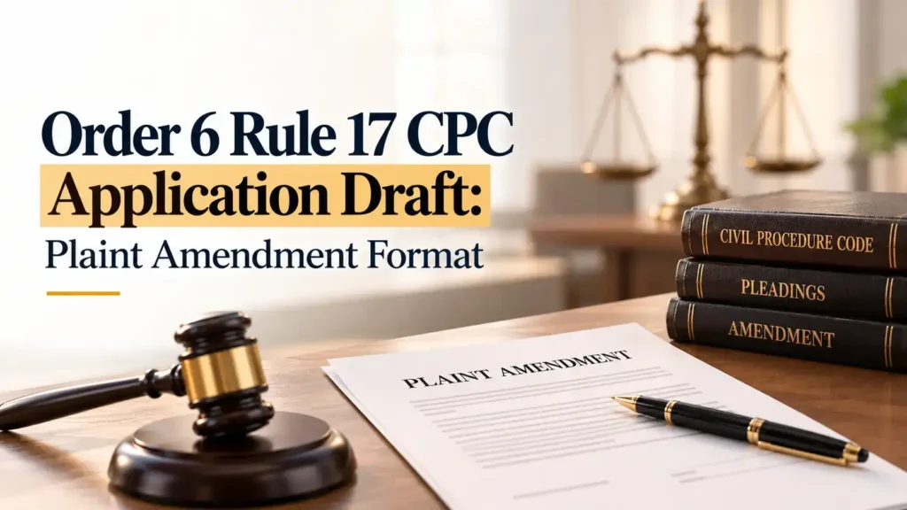 An image showing stacked law books labeled "CIVIL PROCEDURE CODE," "PLEADINGS," and "AMENDMENT" with a wooden gavel and a document titled "PLAINT AMENDMENT" on a desk, alongside the text "Order 6 Rule 17 CPC Application Draft: Plaint Amendment Format