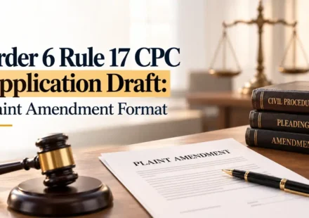 An image showing stacked law books labeled "CIVIL PROCEDURE CODE," "PLEADINGS," and "AMENDMENT" with a wooden gavel and a document titled "PLAINT AMENDMENT" on a desk, alongside the text "Order 6 Rule 17 CPC Application Draft: Plaint Amendment Format
