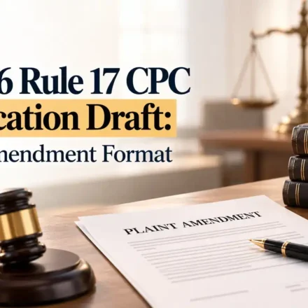 An image showing stacked law books labeled "CIVIL PROCEDURE CODE," "PLEADINGS," and "AMENDMENT" with a wooden gavel and a document titled "PLAINT AMENDMENT" on a desk, alongside the text "Order 6 Rule 17 CPC Application Draft: Plaint Amendment Format