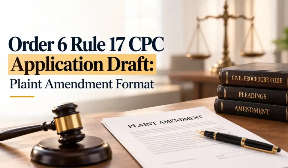 An image showing stacked law books labeled "CIVIL PROCEDURE CODE," "PLEADINGS," and "AMENDMENT" with a wooden gavel and a document titled "PLAINT AMENDMENT" on a desk, alongside the text "Order 6 Rule 17 CPC Application Draft: Plaint Amendment Format