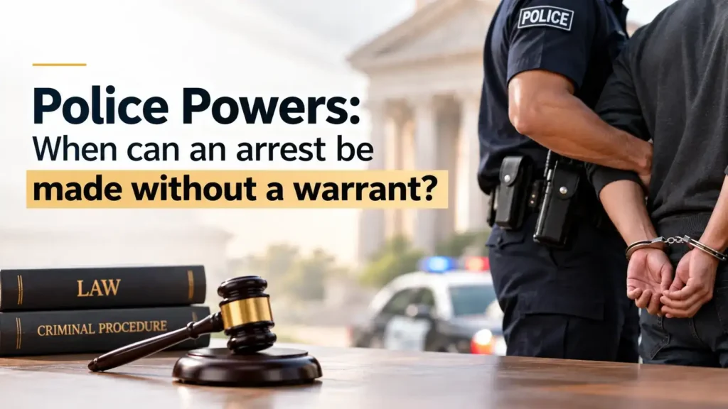 An image displaying law books and a gavel on a table with a police officer detaining a suspect in handcuffs in the background, overlaid with the text "Police Powers: When can an arrest be made without a warrant?