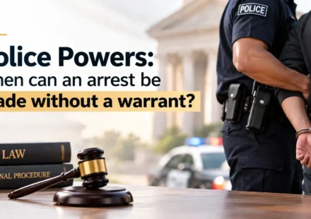 An image displaying law books and a gavel on a table with a police officer detaining a suspect in handcuffs in the background, overlaid with the text "Police Powers: When can an arrest be made without a warrant?